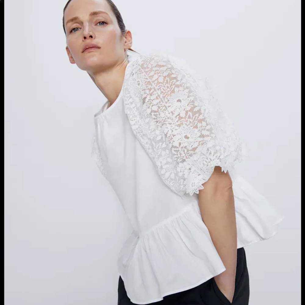 Zara white poplin contrast lace short sleeves loose fit pemplum blouse